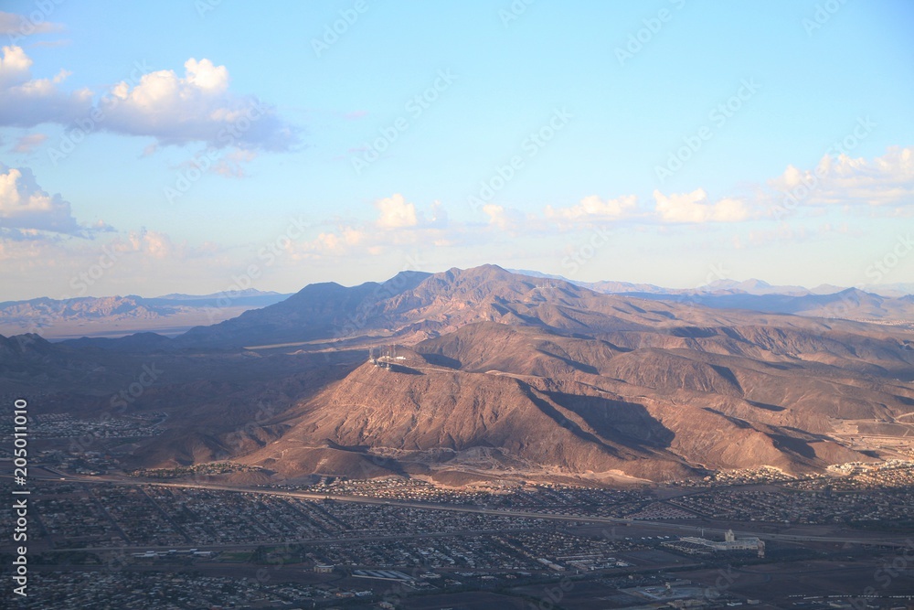 Aerial view of the mountains of Nevada mountains and part of Las Vegas Seen from an airplane window