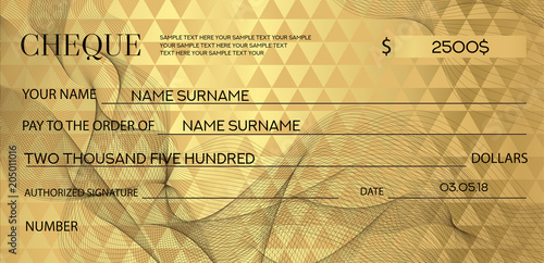 Gold Check (cheque), Chequebook template. Guilloche pattern with abstract watermark. Golden background for banknote, money design, currency, bank note, Voucher, Gift certificate, Coupon, ticket
