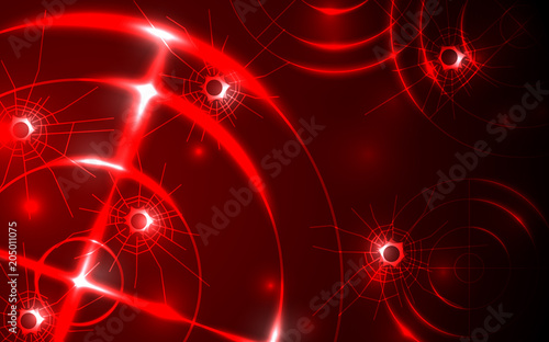 Abstract red radar, target, shooting range with bullet hole digital technology concept.