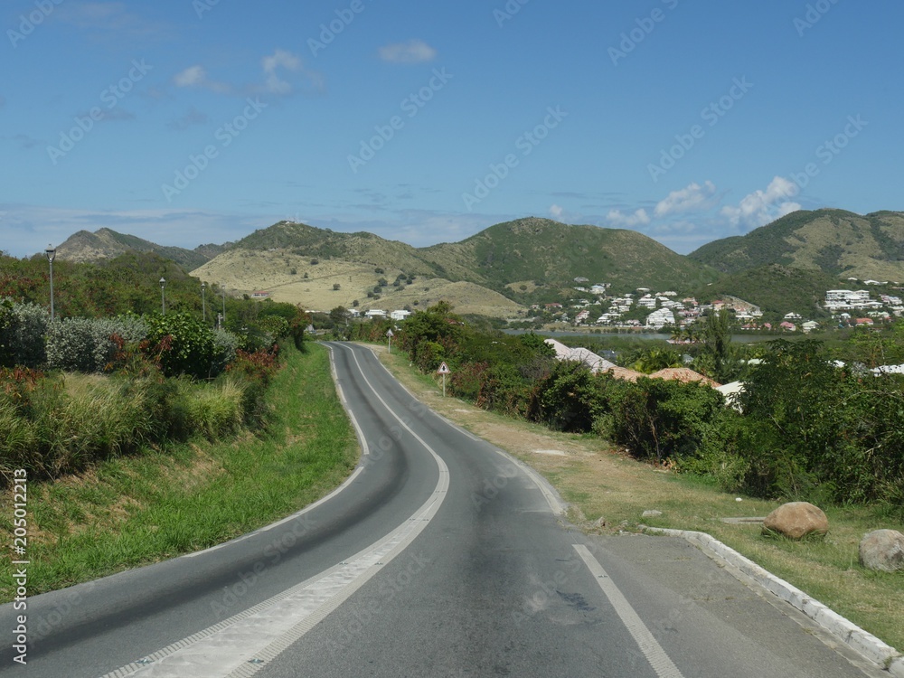 Scenic road leading to the mountains of the French side in St. Marteen, Caribbean Islands