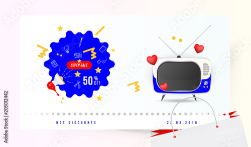 Super sale 50  off. The concept for big discounts with doodle icon  a retro TV and red hearts on a light background. Flat vector illustration EPS10