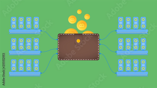 GPU is a mining farm in a flat style. Equipment for Mining Bitcoin. The concept of mining crypto currency on video cards. Vector illustration