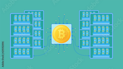 GPU is a mining farm in a flat style. Equipment for Mining Bitcoin. The concept of mining crypto currency on video cards. Vector illustration