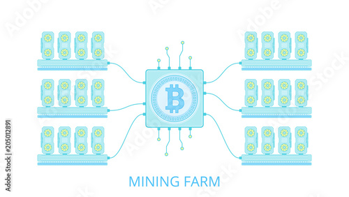 GPU is a mining farm in a flat style. Equipment for Mining Bitcoin. The concept of mining crypto currency on video cards. Vector illustration