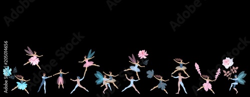 Beautiful endless multicolor border with fairies and elves, leaves and flowers isolated on black background. Vector spring design.