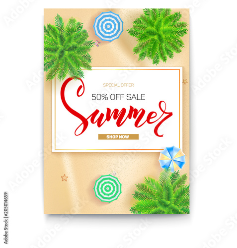 Poster with summer tropical landscape, gold sand, sun umbrellas and palms for touristic events, travel agency actions. Summer sale banner with fifty percent discount