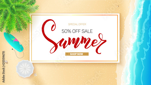 Poster for touristic sale events, travel agency discount actions. Summer beach seashore, tropical landscape. Ocean, gold sand, sun umbrella, surfboard, top view, 3D illustration