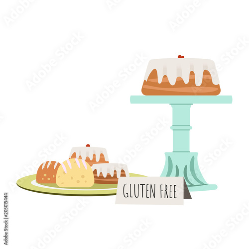 Cake on retro cake stand with bakery pastries on a plate. Gluten free food. Vector illustration