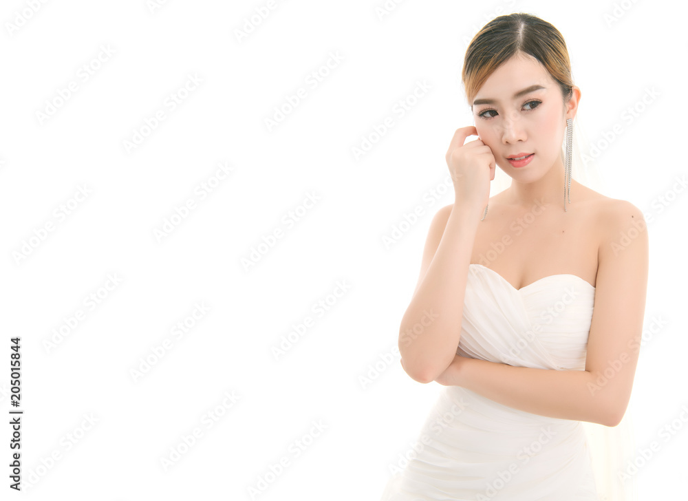 Portrait of asian bride wearing fashion wedding dress , Free from copy space. Portrait of asian bride wearing fashion wedding dress , Free from copy space.