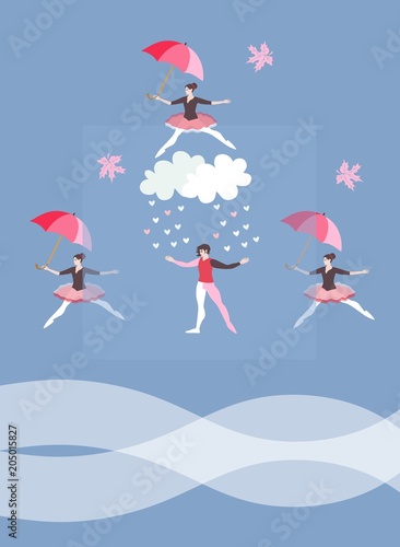 Beautiful vector card with space for text and cute cartoon ballet dancers  maple leaves  clouds  hearts and umbrellas.