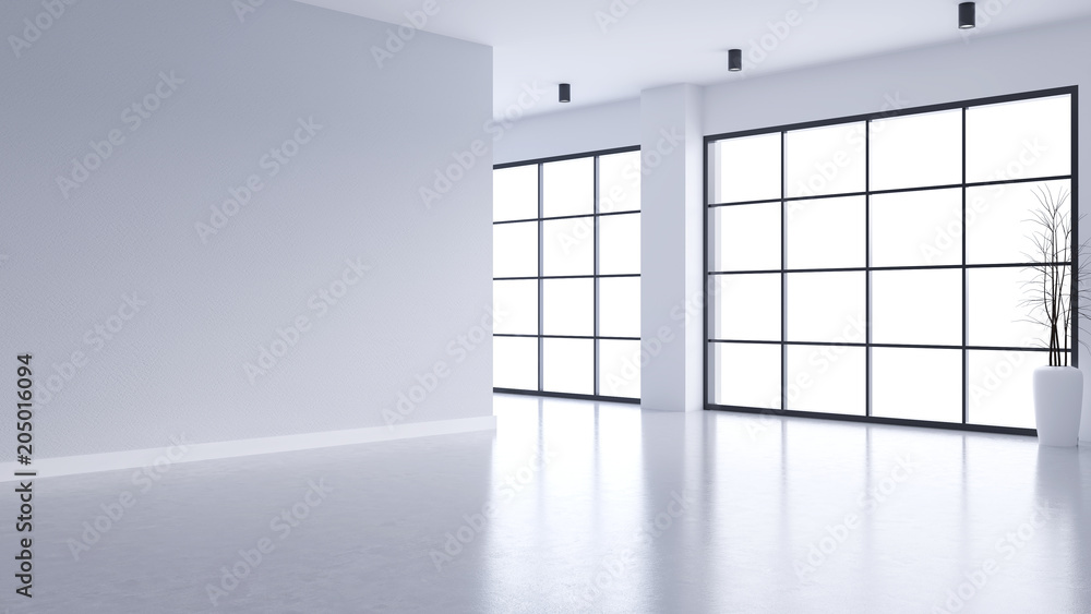 Modern empty living room interior ,white wall and concrete floor with black frame window,3drender Modern empty living room interior ,white wall and concrete floor with black frame window,3drender