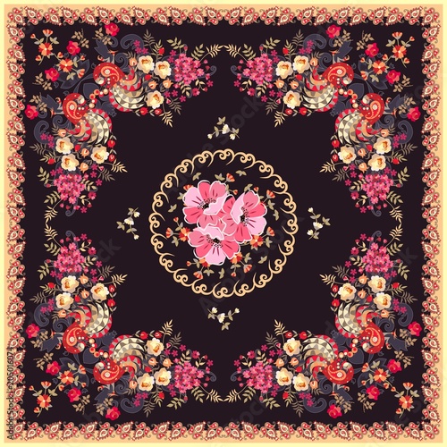 Silk scarf with peacocks, paisley ornament, tulips, roses and poppies flowers in ethnic style. Vector illustration.