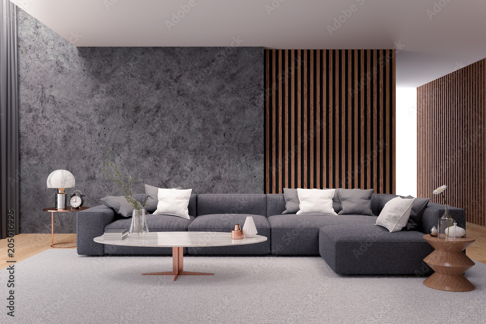 Modern luxury living room interior design, black sofa with dark concrete  wall ,3d rendering Stock-Illustration | Adobe Stock