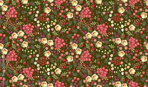 Seamless ditsy floral pattern with roses, tulips, leaves and petals on dark green background. Vector summer design.