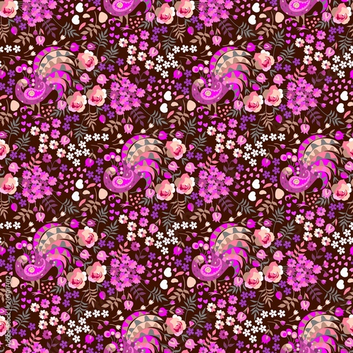Seamless ditsy floral pattern in folk russian style. Fantasy birds with tails in shape of bunch of flowers, little hearts, petals, tulip and roses on brown background. Beautiful vector illustration.