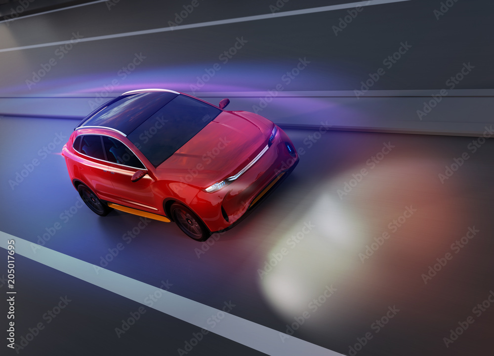 Red SUV driving on the road with graphic mesh pattern retouched. night traffic. 3D rendering image. Red SUV driving on the road with graphic mesh pattern retouched. night traffic. 3D rendering image.