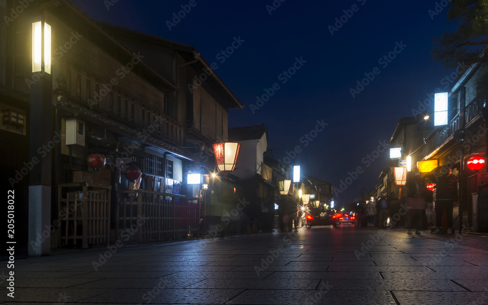 Beautiful street in the Gion district, famous for the Geishas, at the blue hour, Kyoto, Japan