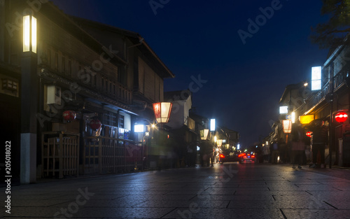 Beautiful street in the Gion district, famous for the Geishas, at the blue hour, Kyoto, Japan