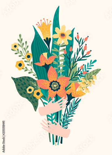 Vector illustration bouquet of flowers in hands.