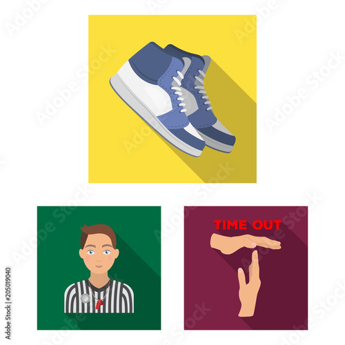 Basketball and attributes flat icons in set collection for design.Basketball player and equipment vector symbol stock web illustration.