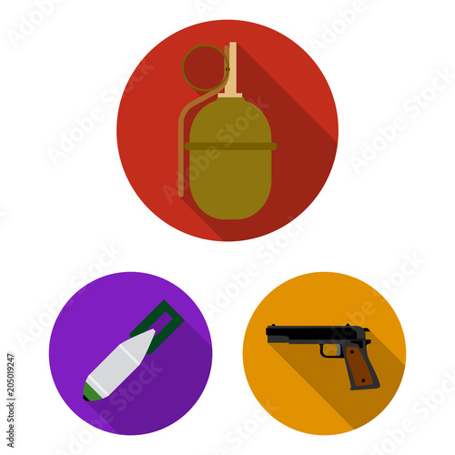 Army and armament flat icons in set collection for design. Weapons and equipment vector symbol stock web illustration.