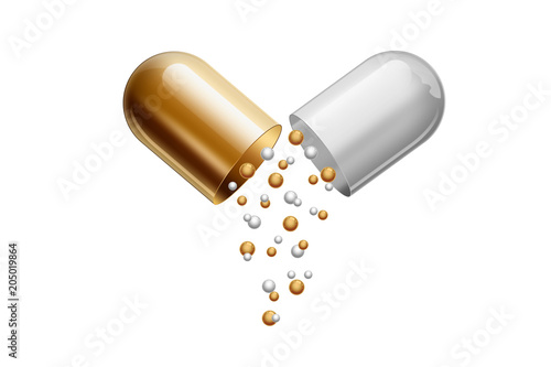 A tablet in the form of capsules of gold color, isolated on white background. The concept of medicine, treatment, treatment.
