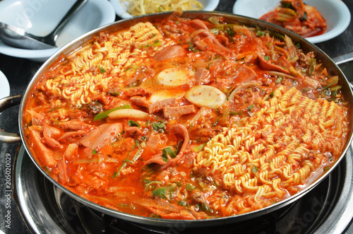 Close up of budae Jjigae hot pot            photo