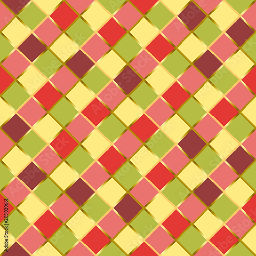 Seamless pattern with colorful squares in yellow, red, pink, violet, green and golden outlines for wrapping paper, textile, decoupage paper, scrapbooking, background, decoration