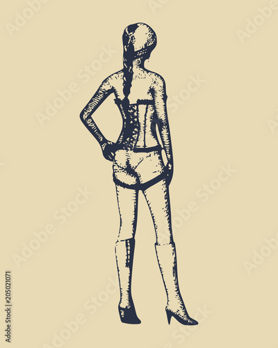 Beautiful sexy fitness girl. Pretty woman wearing lingerie. Back view. Vintage engraved illustration