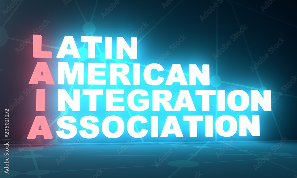 Acronym LAIA - Latin American Intgration Association. Business conceptual image. 3D rendering. Neon bulb illumination. Global teamwork.