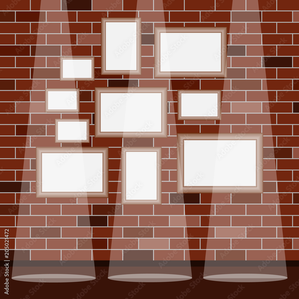 Frames under the picture on a brick wall background. Frame. A set of frames under the picture. Frames under the picture on a brick wall background. Frame. A set of frames under the picture.