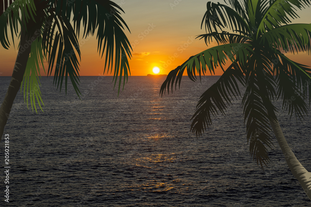 sunset sea sun and illustration palm
