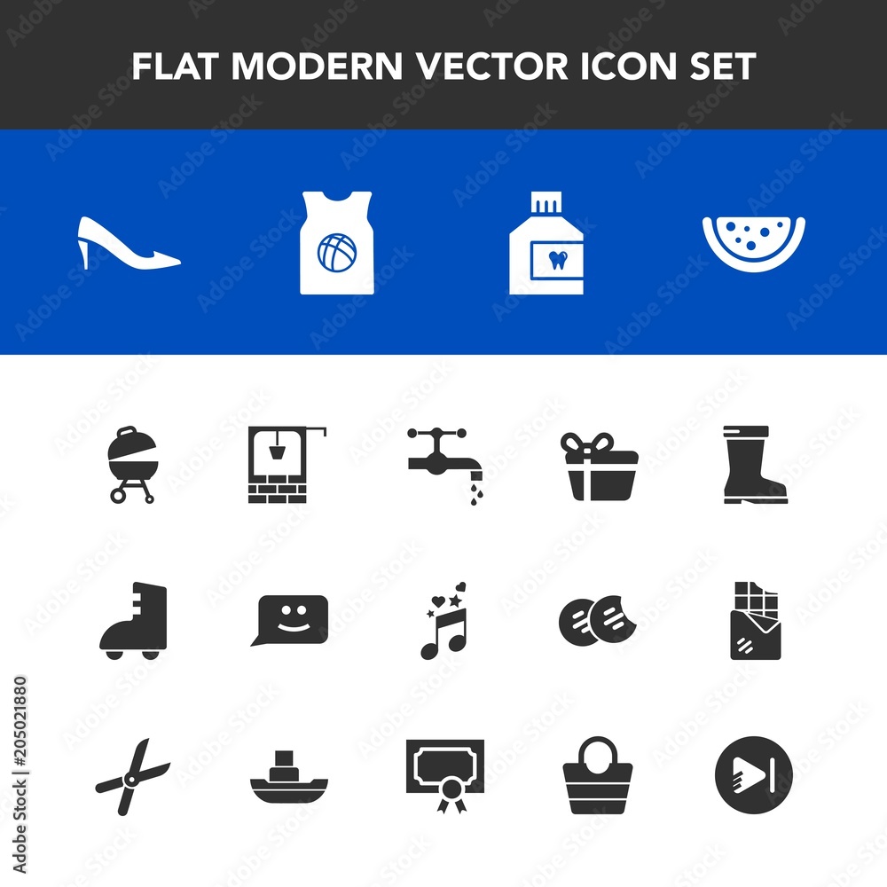 Modern, simple vector icon set with video, sound, grill, tap, roller, fashion, gift, face, chat, holiday, care, sport, female, music, watermelon, faucet, leather, team, stone, note, bag, dental icons Modern, simple vector icon set with video, sound, grill, tap, roller, fashion, gift, face, chat, holiday, care, sport, female, music, watermelon, faucet, leather, team, stone, note, bag, dental icons