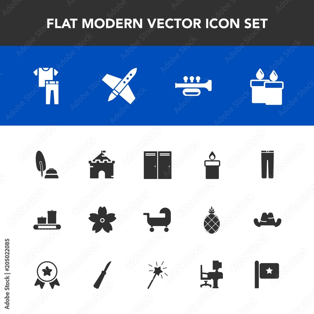 Modern, simple vector icon set with spring, collection, blossom, clothes, trousers, fashion, wax, national, white, candle, bag, building, carriage, travel, entrance, shirt, castle, fire, tower icons