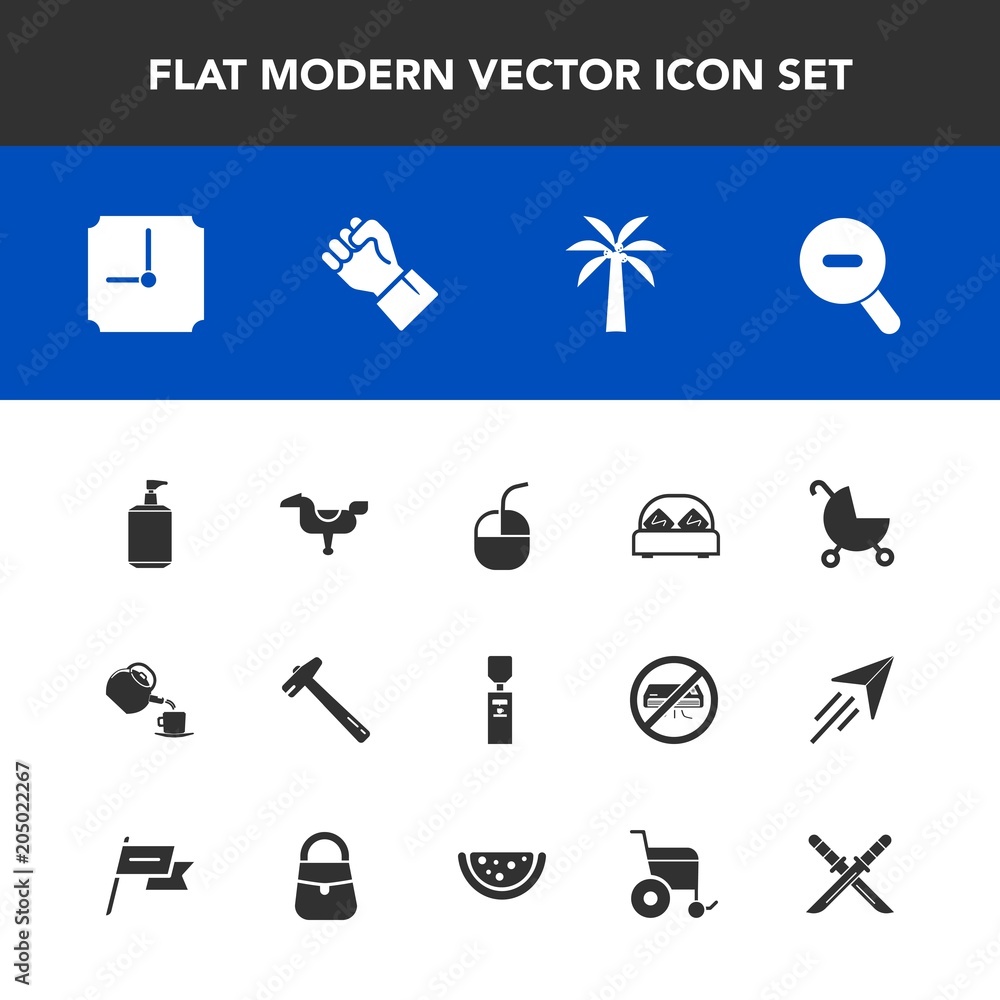 Modern, simple vector icon set with kid, clean, hammer, soap, concept, web,  tool, pram, device, spanner, computer, , bed, human, finger, equipment,  liquid, child, wrench, time, bedroom, cup, tea icons Stock Vector