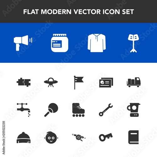 Modern, simple vector icon set with food, clothing, sport, book, musical, shipping, faucet, chart, fun, water, sink, ping, bathroom, jar, communication, document, tennis, orchestra, library, ufo icons