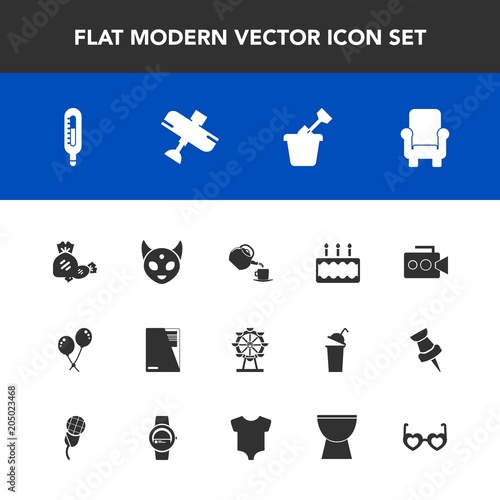 Modern  simple vector icon set with chair  file  temperature  equipment  food  sign  child  thermometer  summer  play  travel  tea  decoration  handle  video  airplane  cake  dessert  eye  space icons