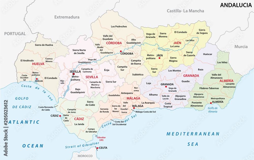 andalusia administrative and political vector map