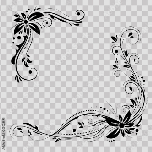 Floral corner design. Ornament black flowers on transparent background - vector stock. Decorative border with flowery elements, pattern. Wedding card with flourish swirl and circles.
