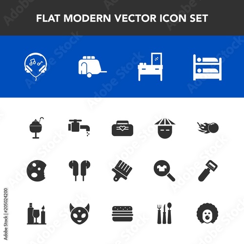 Modern, simple vector icon set with white, young, style, hotel, fashion, dessert, water, transport, comet, paint, music, modern, home, van, food, asian, vehicle, people, audio, ice, leather, bag icons