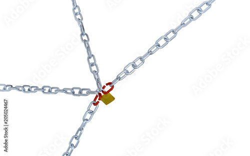 Large and Diagonal View of Four Long Chains with Two Red Link Locked with a Padlock