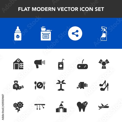 Modern, simple vector icon set with estate, knife, drink, loudspeaker, plate, game, tropical, spray, modern, cooking, button, communication, liquid, housework, leaf, sign, glass, nutrition, cold icons