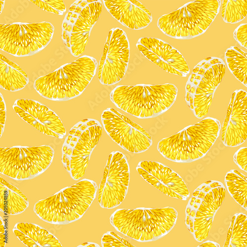 Seamless vector pattern with orange citrus fruit slices on pastel orange background