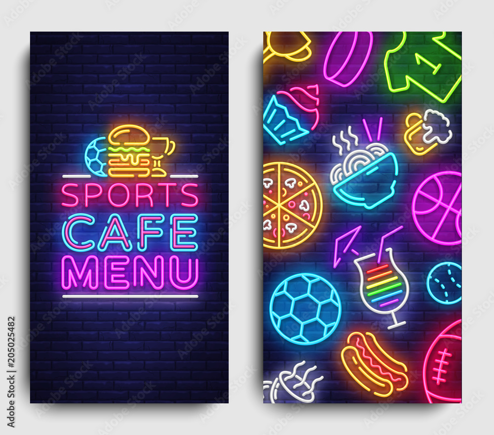 Sport Cafe Menu Vertical banners. Design Template, Sports Cafe Menu Neon sign, neon background