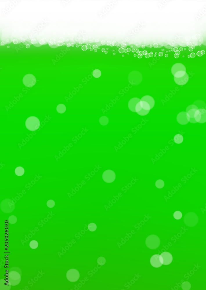 Green beer background for Saint Patricks Day with bubble foam. Cool liquid drink for pub and bar menu design, banners and flyers.  Realistic backdrop with green beer for St. Patrick. Cold lager pint