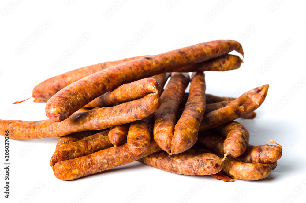 Homemade sausages isolated on white background Homemade sausages isolated on white background