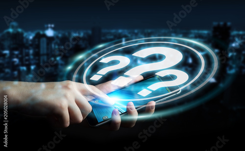 Businesswoman using question marks digital interface 3D rendering