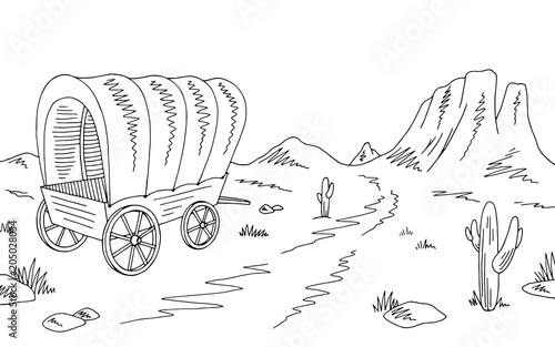 Prairie covered wagon graphic black white American desert sketch landscape illustration vector