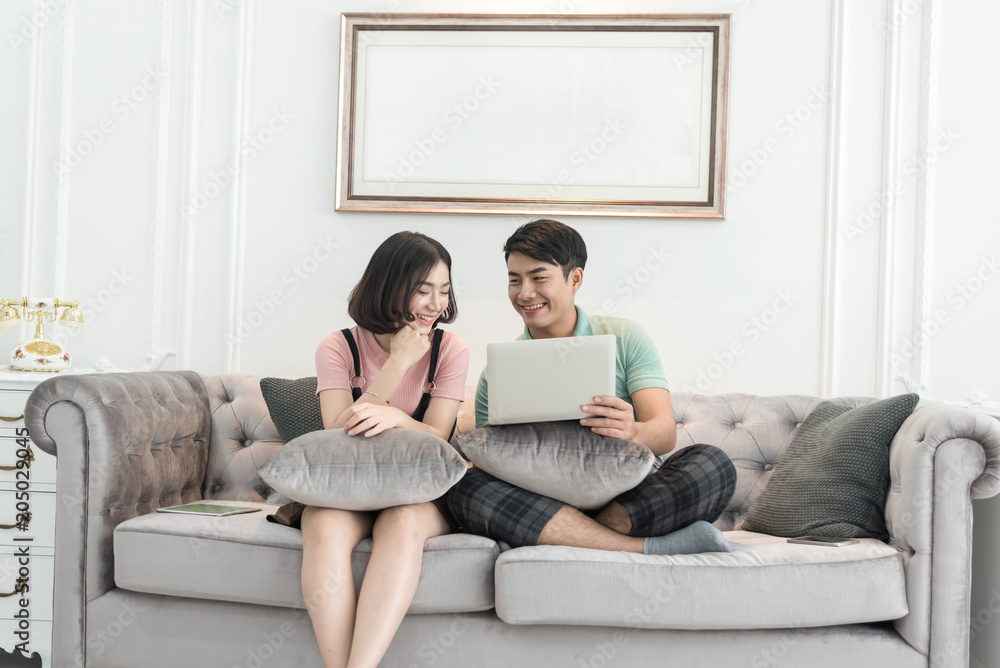 Couple Use Laptop Computer Together In Living Room, Happy Smiling Woman, Couple Use Laptop Computer Together In Living Room, Happy Smiling Woman,