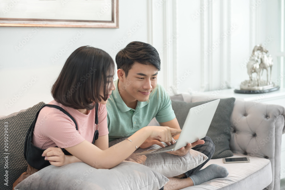 Couple Use Laptop Computer Together In Living Room, Happy Smiling Woman, Couple Use Laptop Computer Together In Living Room, Happy Smiling Woman,